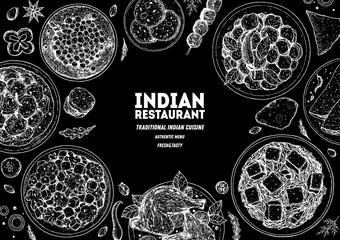 Indian food illustration. Hand drawn sketch. Indian cuisine. Doodle collection. Vector illustration. Menu background. Engraved style.