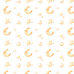 Digital illustration seamless pattern of cute textural baby gentle blue and yellow smiling planets, stars and clouds. Print for children's textiles, books, invitation cards, clothes.