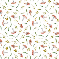 Watercolor hand painted floral seamless pattern. Green leaves,mushrooms on white background. Perfect for scrapbooking paper, textile design, fabric, wallpaper, wrapping paper, wedding decoration