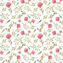 Watercolor hand painted floral seamless pattern. Green wreath, red flowers on white background. Perfect for scrapbooking paper, textile design, fabric, wallpaper, wrapping paper, wedding decoration