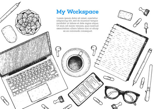 Office Desk Table Top View Sketch. Workspace With Laptop, Notebook, Coffee Cup, Plant, Pencil, Pen, Glasses, Headphones. Hand Drawn Vector Illustration. Business Concept.