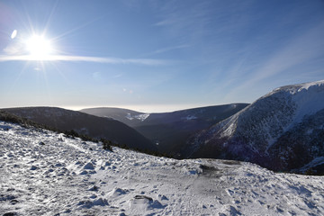Winter trials and panorama of Karkonosze Mountains, Karkonosze National Park, Poland.