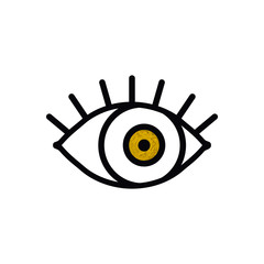 Open gold eye line icon on white background. Look, see, sight, view sign and symbol. Vector linear graphic element. Optical and search theme in minimal design style. Golden eye with eyelashes.
