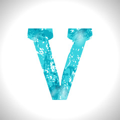 Grunge Symbol V. Font Blue Brush Sketch Style.