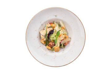 Healthy Grilled Chicken Caesar Salad with parmesan Cheese and Croutons isolated on white background