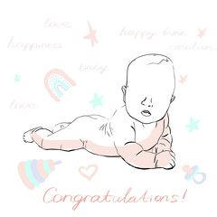 Baby newborn congratulation. Cute Greeting card in the light colors. Baby shower.