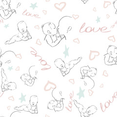 Hand drawing Love baby seamless pattern in the light colors.