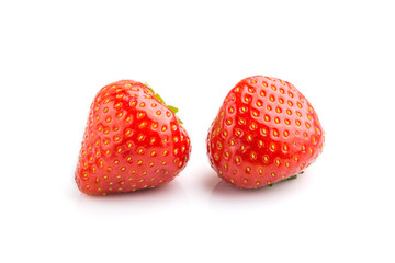 two red strawberry isolated on white background. side view.