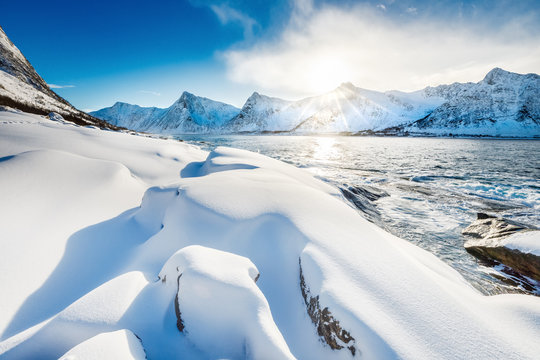 landscape, coastal, coastline, ocean, norway, white, snow, snowy, winter, alpine, alps, beautiful, beauty, blue, coast, cold, europe, fjord, hike, hiking, ice, island, lofoten, lofoten islands, lofote