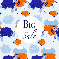mercial ad banner with blue turtle and jellyfish and orange flower