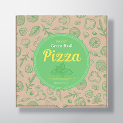 Green Basil Pizza Realistic Cardboard Box. Abstract Vector Packaging Design or Label. Modern Typography, Sketch Seamless Pattern of Cheese, Tomato, Sausages. Craft Paper Background Layout.