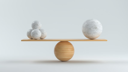 wooden scale balancing one big ball and four small ones - 317309885