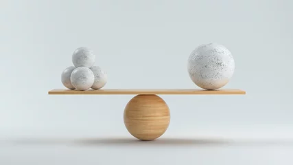 Deurstickers wooden scale balancing one big ball and four small ones © fotogestoeber