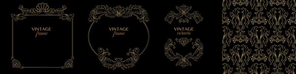 Set of decorative vintage golden frames and seamless pattern. Vector.