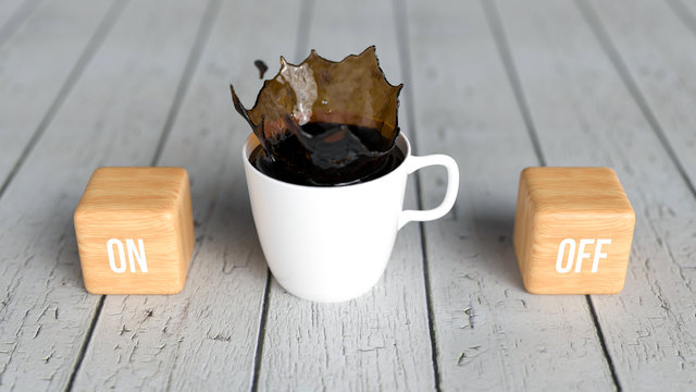 cups of coffee and cubes with text ON and OFF on wooden background