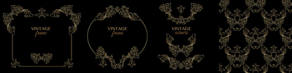 Set of decorative vintage golden frames and seamless pattern. Vector.