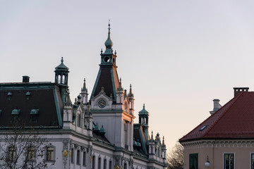 View of a typical building in Ljubljana, Slovenia during sunset