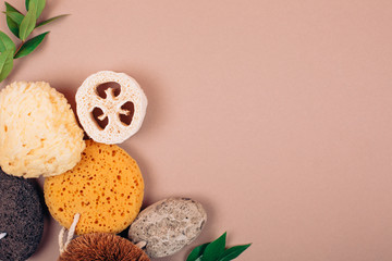 Different types of zero waste sponges for body care. Concept of eco friendly supplies for self-care. Flat lay style.