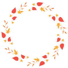 Round frame with horizontal orange branches, yellow and red leaves on white background. Isolated wreath for your design.