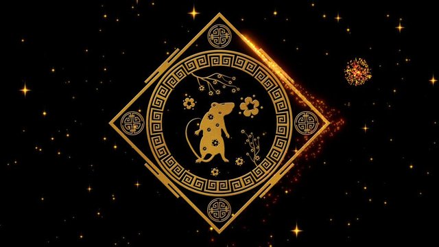 Lunar New Year, Spring Festival background with golden rat, fireworks, glittering stars. Chinese new year black starry night backdrop for holiday event. 3D rendering animation. Seamless loop 4k video