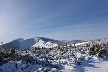 Winter trials and panorama of Karkonosze Mountains, Karkonosze National Park, Poland.