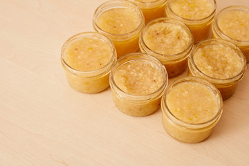 Dessert and jam with lemon in a jar. Jam for tea.