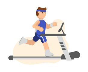 A man runs on a treadmill. Vector illustration in flat style. Sports, healthy lifestyle, exercise.