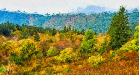 Impressionistic Style Artwork of Autumn in the Appalachian Mountains Viewed Along the Blue Ridge Parkway