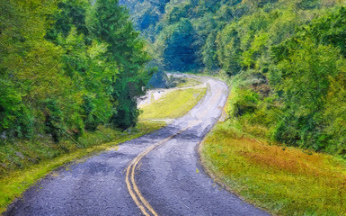 Fototapeta na wymiar Impressionistic Style Artwork of Roadway Meandering Through the Autumn Appalachian Mountains Along the Blue Ridge Parkway