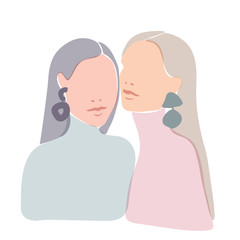 Illustration of two beautiful women staying together. Soft pastel design. Women's sisterhood concept