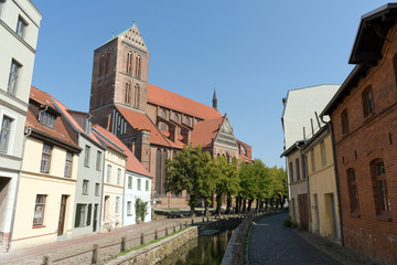 Muehlengrube River with St. Nicholas Church, Wismar, Mecklenburg-Western Pomerania, Germany