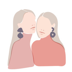 Illustration of two beautiful women staying together. Soft pastel design. Women's sisterhood concept