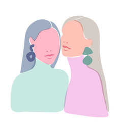 Illustration of two beautiful women staying together. Soft pastel design. Women's sisterhood concept