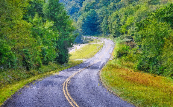Impressionistic Style Artwork of Roadway Meandering Through the Autumn Appalachian Mountains Along the Blue Ridge Parkway