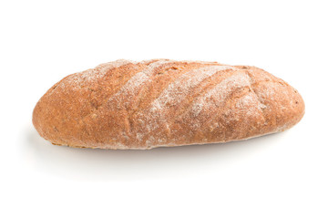 Fresh homemade bread with  flour isolated on white background. side view.