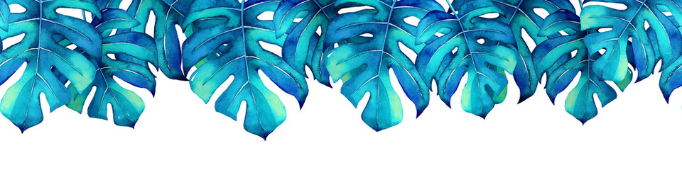 Seamless border with watercolor blue monstera leaves © Liubov Tolstova