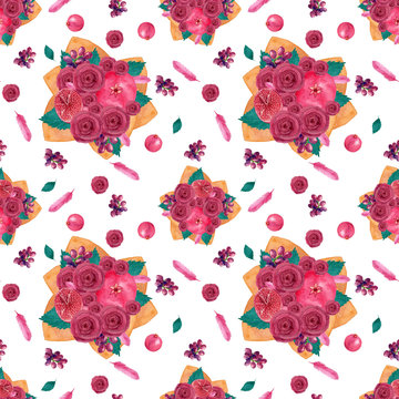 Seamless pattern with bouquets with watercolor roses, pomegranate and grapes.