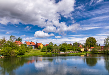 Fototapeta na wymiar Town park and Rothenburg pond at Dinkelsbuhl Central Franconia Bavaria Germany