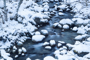 Small river surrounded by snowfall