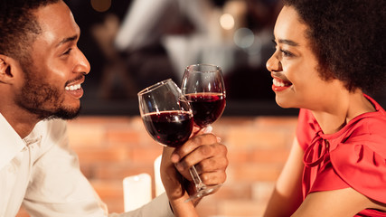 Couple Clinking Glasses Crossing Hands Celebrating Valentine In Restaurant, Panorama