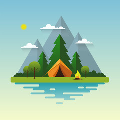 Mountain illustration. Houses in the mountains among the trees, rest in a mountain village the lake and the river. Summer landscape sign. 