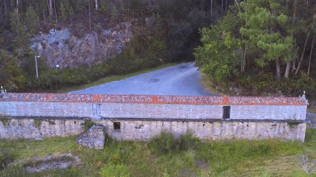 Horreo Do Arano, old Galician granary, Rianxo, Spain.High angle zoom in establishing shot