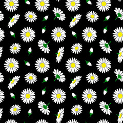 Flower daisy seamless pattern on black background vector colorful flat illustration