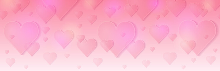 Pink banner with valentines hearts. Valentines greeting banner. Horizontal holiday background, headers, posters, cards, website. Vector illustration