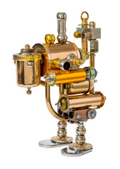 Steampunk robot. Cyberpunk style. Chrome and bronze parts.