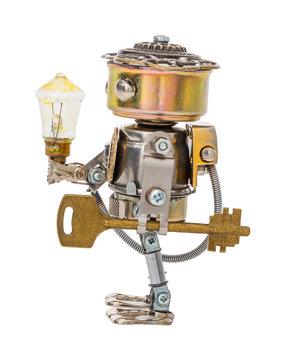 Steampunk robot. Cyberpunk style. Chrome and bronze parts.