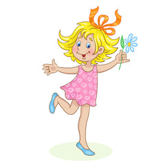 Funny little girl jumping on one leg with a flower in her hand. In cartoon style. Isolated on white background. Vector illustration.