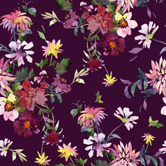 Beautiful garden and wild flowers bouquet. Fresh watercolor painting. Summer floral seamless pattern made of abstract watery meadow flowers. Summer garden mixture and floral bloom.