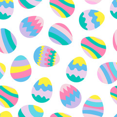 Fototapeta na wymiar Easter eggs seamless pattern in pastel colors, multi-colored. Spring, Easter, holiday. On white background.For preparation of the compositions, postcards.In flat style. Vector