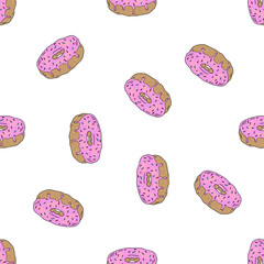 Seamless pattern Donut with pink cream and colorful sprinkles. Sweet pastries, hand-drawn drawing.On white background. Doodles.For printing on paper, fabric. Vector